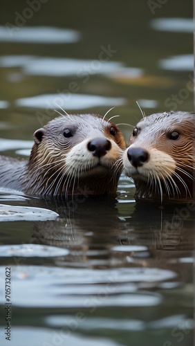 Otterly in Love floating together in a tranquil stream, generative AI © Hifzhan Graphics