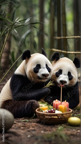 Panda Pair Picnic, Pandas enjoying a bamboo picnic in a bamboo forest, generative AI © Hifzhan Graphics
