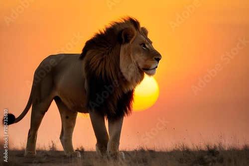 Silhouette portrait of a walking Lion against the background of the sunset on the savannah, generative AI