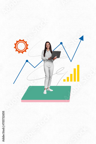 Creative collage picture vertical poster young successful woman progress charts stats income earnings profit white background