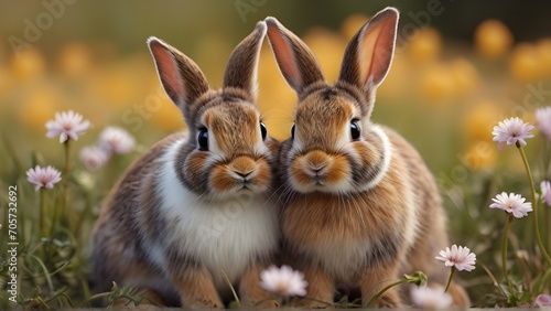 Bunny Hop of Affection, rabbits sharing a tender moment in a flower-filled meadow, generative AI © Hifzhan Graphics