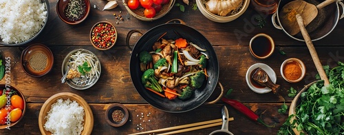 Asian kitchen table with food bowls  wok   stir fry  chopsticks and ingredients on wooden table  top view 