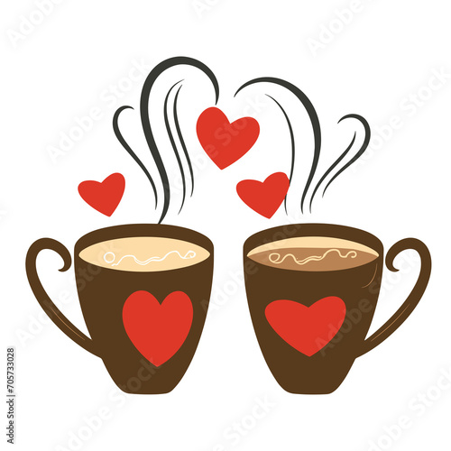 graphic with cups with black hot coffee and red hearts