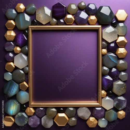  Deep Purple Background with a Gold Frame  Surrounded by Stylish Hexagon-Shaped Stones  a Luxurious Background Image