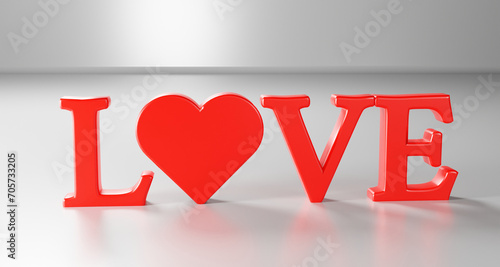 word love 3d text in red color on white background, with red heart symbol, love concept illustration