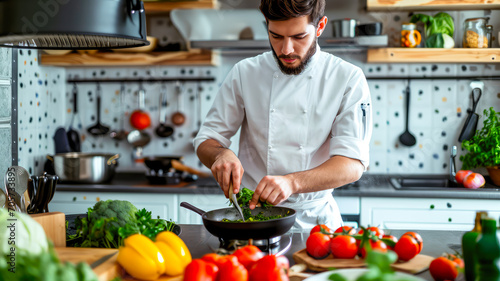 Ein Chefkoch bereitet Gemüse vor. Vegane Küche. photo