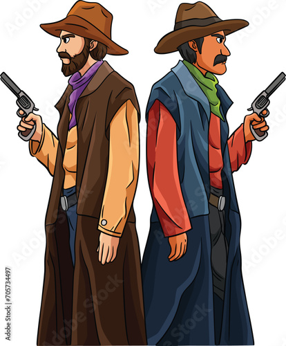 Cowboy Duel Cartoon Colored Clipart Illustration
