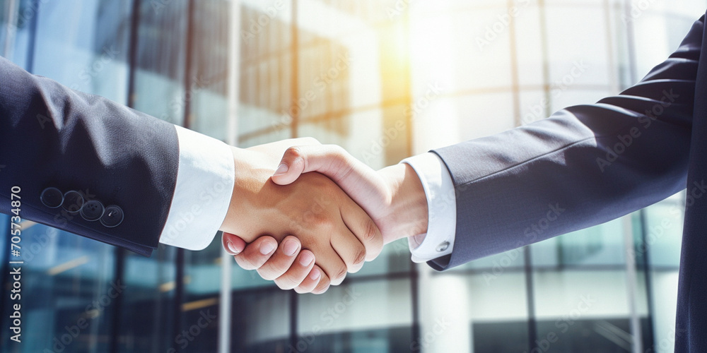 Businessmen shake hands, greet each other, conduct business. Concept of joint venture, mergers and acquisitions of firms, for business, finance and investment, teamwork and successful business