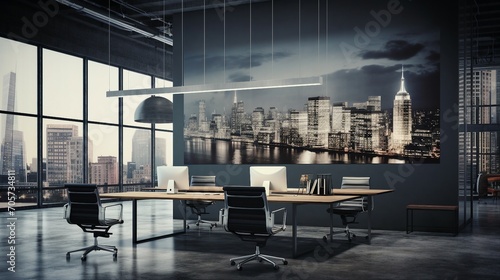 Contemporary Workplace Vibe: Modern Office Interior with Blurred Background, Technology Integration, and Professional Workspaces