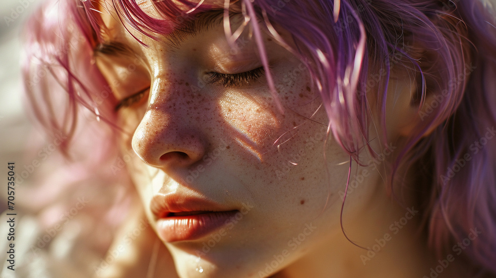 Close up portrait of a beauty woman face with pink color hair, freckles and dark spots on her natural skin, closed dreamy eyes Close up portrait of a beauty woman face with pink color hair, freckles and dark spots on her natural skin, closed dreamy eyes