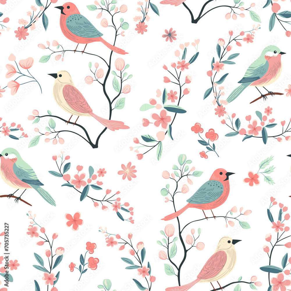 Vector seamless pattern with cute birds and flowers. Spring backgrounds. Hand drawn folk print.