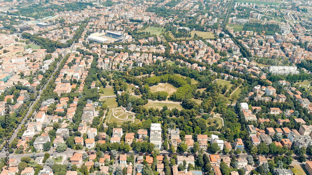 Parma, Italy. The historical center of Parma. Cittadella Park - Public park on the site of a pentagonal fortress from the 16th century. Panorama of the city from the air. Summer day, Aerial View