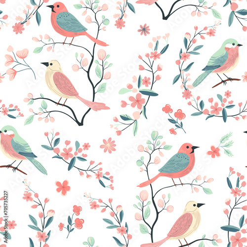 Vector seamless pattern with cute birds and flowers. Spring backgrounds. Hand drawn folk print.