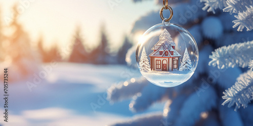 A house model in a transparent keychain ball hangs on a Christmas tree branch against the backdrop of a winter forest on a sunny day. Concept of buying a house, real estate, land photo