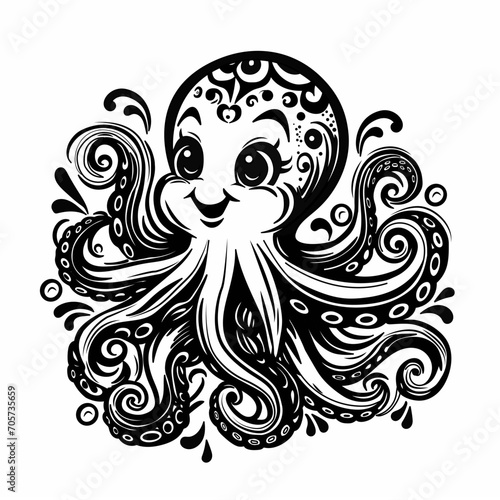 Vector illustration of a smiling octopus on white background for coloring book antistress, illustrazione vettoriale di polpo da colorare su sfondo bianco