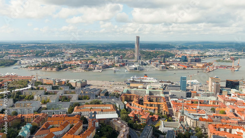 Gothenburg, Sweden. River Gota-Alv. Panoramic view of the central part of the city. Summer day. Cloudy weather, Aerial View photo