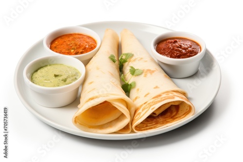  a white plate topped with two quesadillas and three small bowls of guacamole, salsa and guacamole on a white plate with a white background.