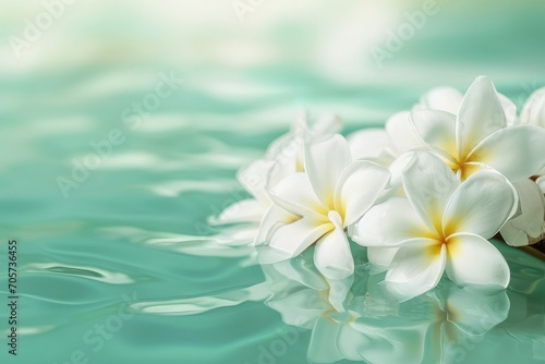 Spa or meditation massage therapy center banner of white plumeria white flowers and stack of black stones, copy space.
