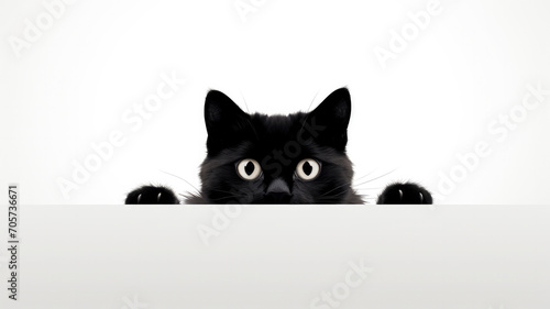 Curious cat peeking over white table with white background