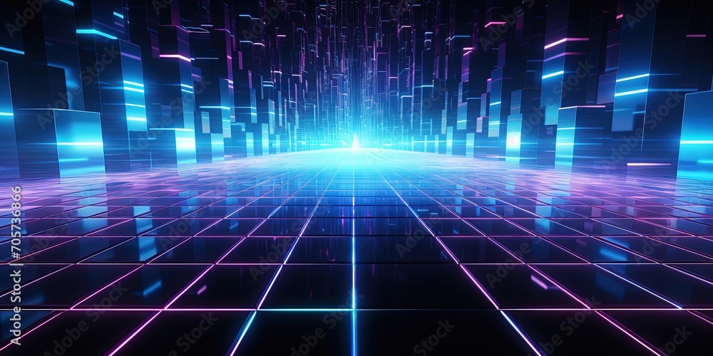 Cyan blue and purple grids neon glow light lines design on perspective floor, creativity, digital, internet, cyberpunk, virtual reality concept, hi-tech abstract backgroud.