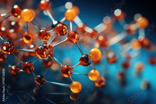  a close up of a structure made up of orange and black balls and a chain of orange and white balls on a blue background with a reflection of blue light.