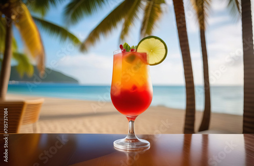 refreshing cocktail in a glass on a table in a cafe  beach  sea and palm trees on the background