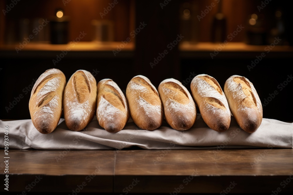 a row of loaves of bread sitting on top of a piece of paper on top of a wooden table in front of a row of other loaves of loaves.