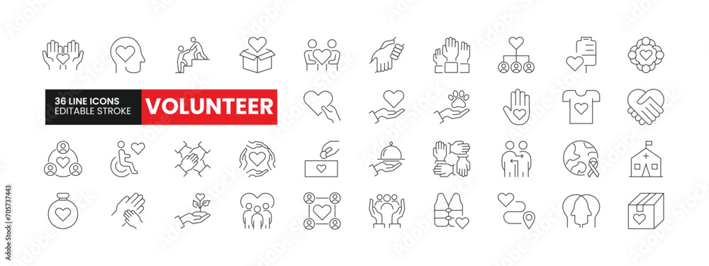 Set of 36 Volunteering line icons set. Volunteer outline icons with editable stroke collection. Includes Charity, Empathy, Volunteering, Cloth Donation, Organization, and More. Set of 36 Volunteering line icons set. Volunteer outline icons with editable stroke collection. Includes Charity, Empathy, Volunteering, Cloth Donation, Organization, and More.
