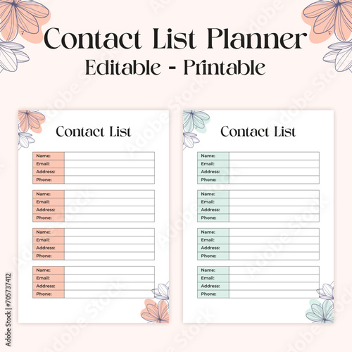 Contact List, Contacts Planner, Contact Sheet, Contact List Template Small Business. Contact List Planner Template. Business Emergency Contact List Template