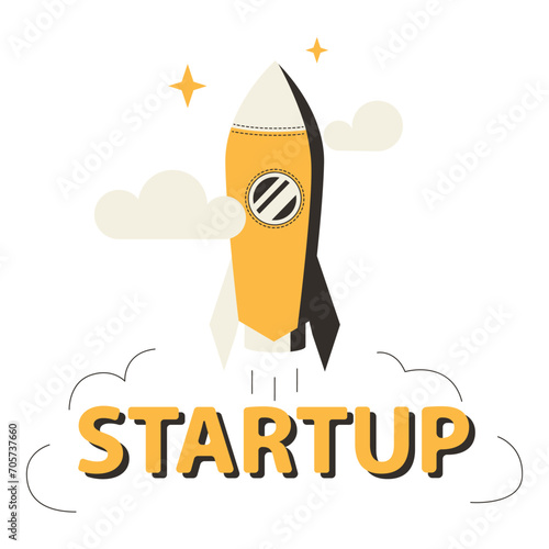 Startup illustration, banner, with rocket and cloud on the white background