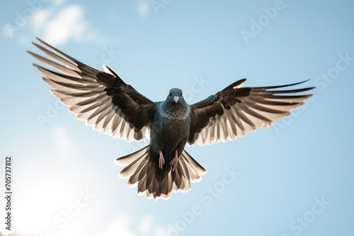  a bird that is flying in the air with its wings spread and it's wings are spread wide open and there is a bright blue sky in the background.