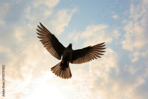  a bird that is flying in the air with it's wings wide open and it's wings spread wide, with the sun shining through the clouds in the background. © Nadia