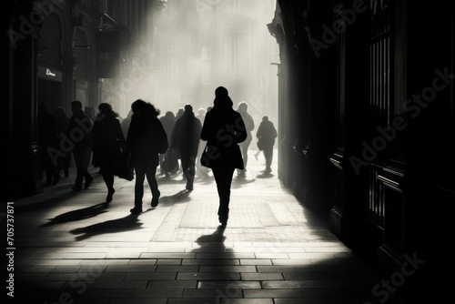  a black and white photo of a woman walking down a street with a lot of people on either side of her and a lot of dust coming from behind her.