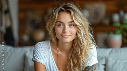 Happy Nordic lady model with long blonde hair and tattoo, serene joyful expression, minimal earth tone scene