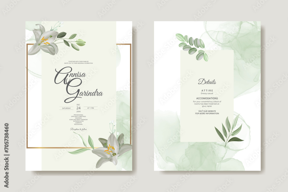 white flower and leaves  wedding invitation template set with watercolour background   Premium Vector