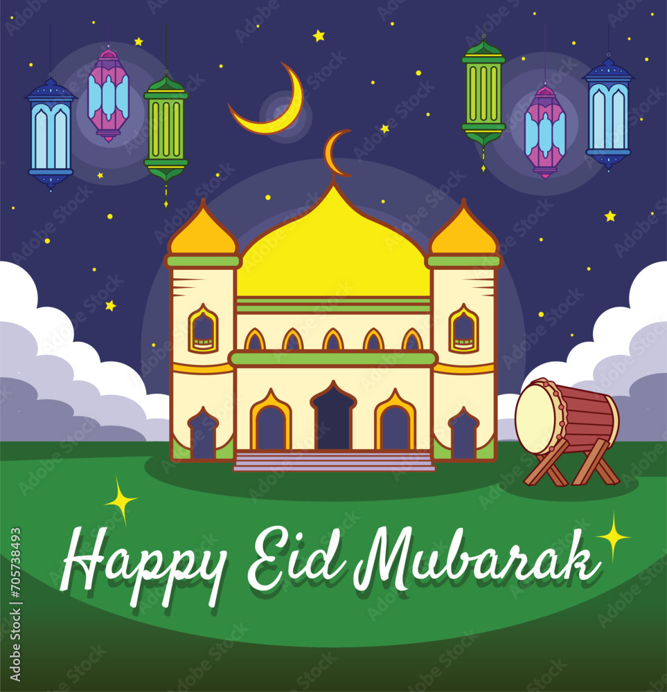 Happy Eid Mubarak greeting vector illustration with colorful lanterns poster or banner design isolated on dark night sky with moon and clouds decorations. Simple flat outlined cartoon styled drawing.