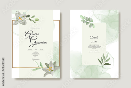 white flower and leaves  wedding invitation template set with watercolour background   Premium Vector