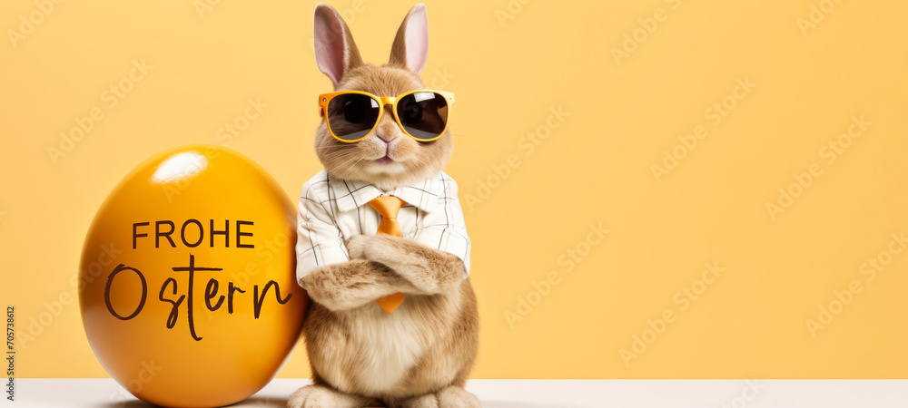 Frohe Ostern Konzept Feiertag Grußkarte - Cooler Osterhase mit Sonnenbrille lehnt sich an ein großes bemaltes gelbes Osterei mit deutschem Text auf Tisch - obrazy, fototapety, plakaty 
