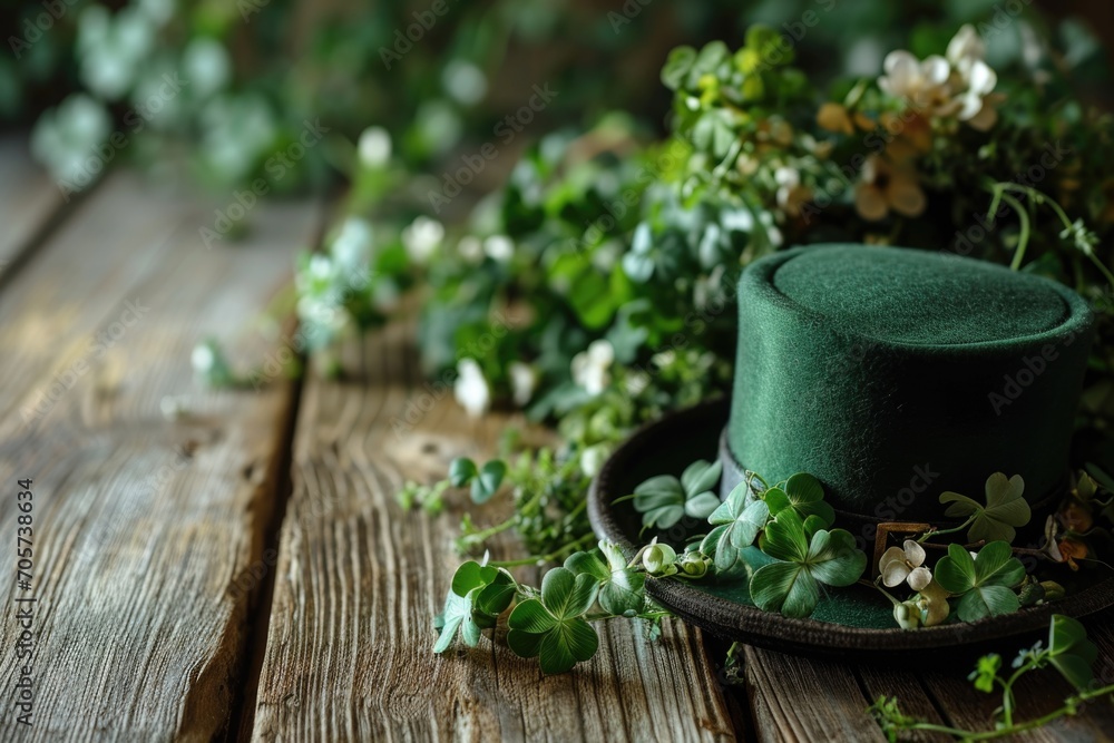 St. Patrick's Day: green hat and several three-leaf and four-leaf shamrocks on a wooden table. St. Patrick's Day: green hat and several three-leaf and four-leaf shamrocks on a wooden table.