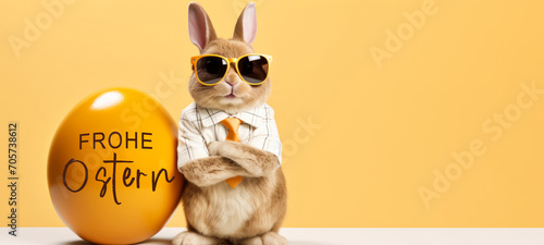 Frohe Ostern Konzept Feiertag Grußkarte - Cooler Osterhase mit Sonnenbrille lehnt sich an ein großes bemaltes gelbes Osterei mit deutschem Text auf Tisch photo