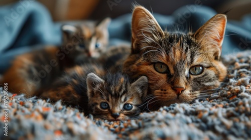 close up of a cat and kittens