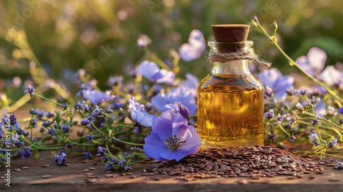 Linseed oil in a glass bottle on a table with branches of flowering flax and seeds on the background of nature