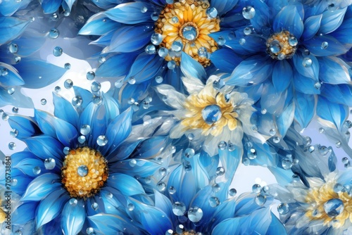  a bunch of blue and yellow flowers with drops of water on the petals and on the petals are drops of water on the petals and on the petals of the petals.