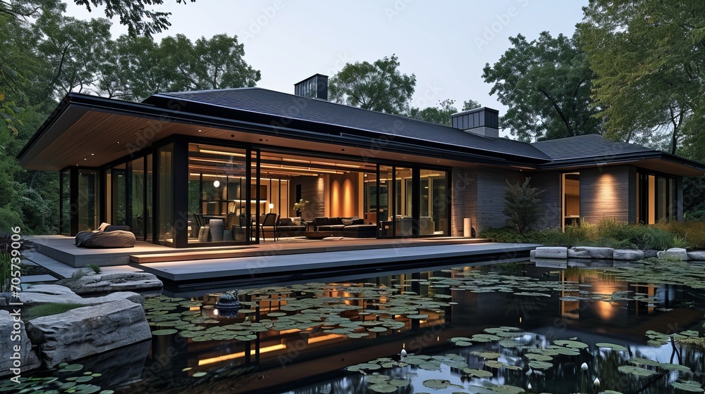 Obraz premium Modern house with pitched roof with large overhangs, in forest with pond and lily pond, cozy wood, in the style of dark bronze and dark black, asian-inspired, dark gray, soft light, orient-inspired