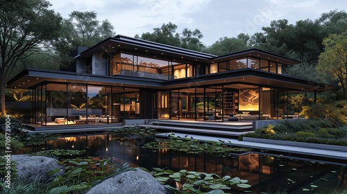 Modern house with pitched roof with large overhangs, in forest with pond and lily pond, cozy wood, in the style of dark bronze and dark black, asian-inspired, dark gray, soft light, orient-inspired © korisbo