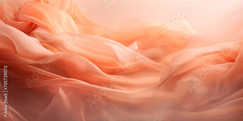 Soft peach fabric folds texture. Peach Fuzz 2024 color. A close up of a peach colored fabric. Fashion and luxury textile design. Suitable for backdrop, banner, wallpaper Monochrome peach fuzz backgrou