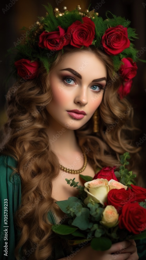 A woman in a green dress holding a bouquet of roses