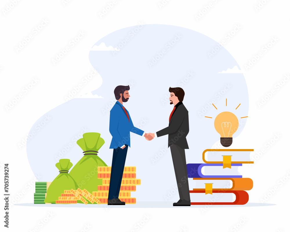 Businesspeople handshake exchanging ideas with money idea paid with money investing in startup ideas vector illustration. Businesspeople handshake exchanging ideas with money idea paid with money investing in startup ideas vector illustration.
