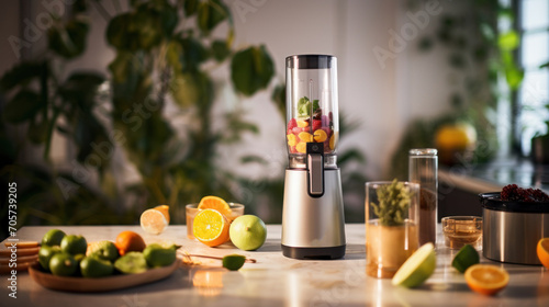 A blender sitting on top of a counter filled with fruit photo