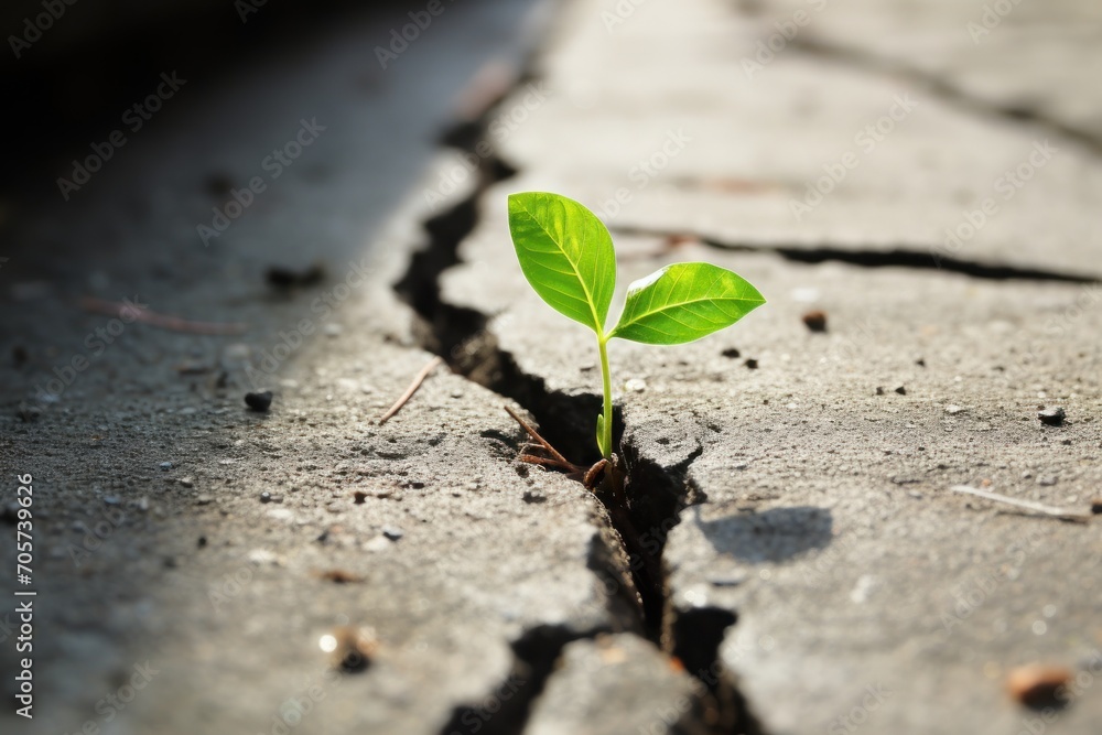 a small green plant sprouting out of a crack in a concrete sidewalk with a car in the background and a sidewalk crack in the middle of the road. a small green plant sprouting out of a crack in a concrete sidewalk with a car in the background and a sidewalk crack in the middle of the road.